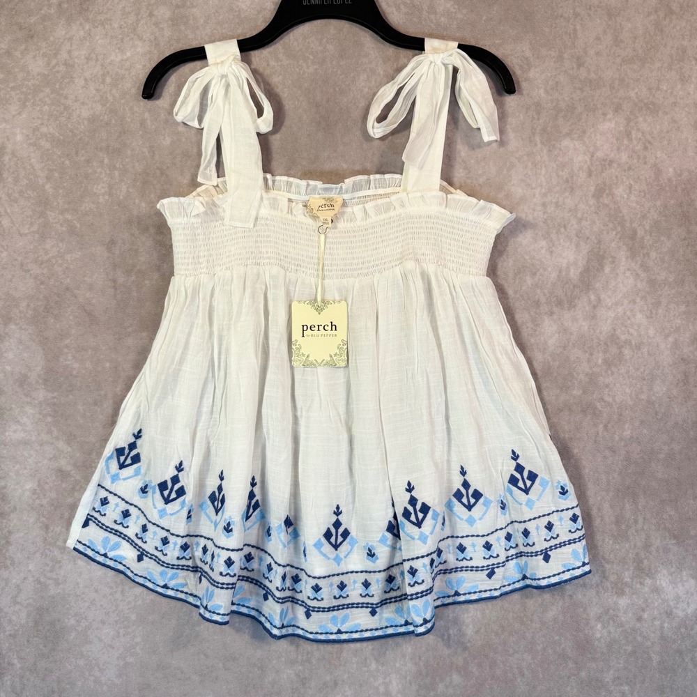 Perch by Blu Pepper Babydoll Top Women 1XL White Blue Embroidered Boho Festival